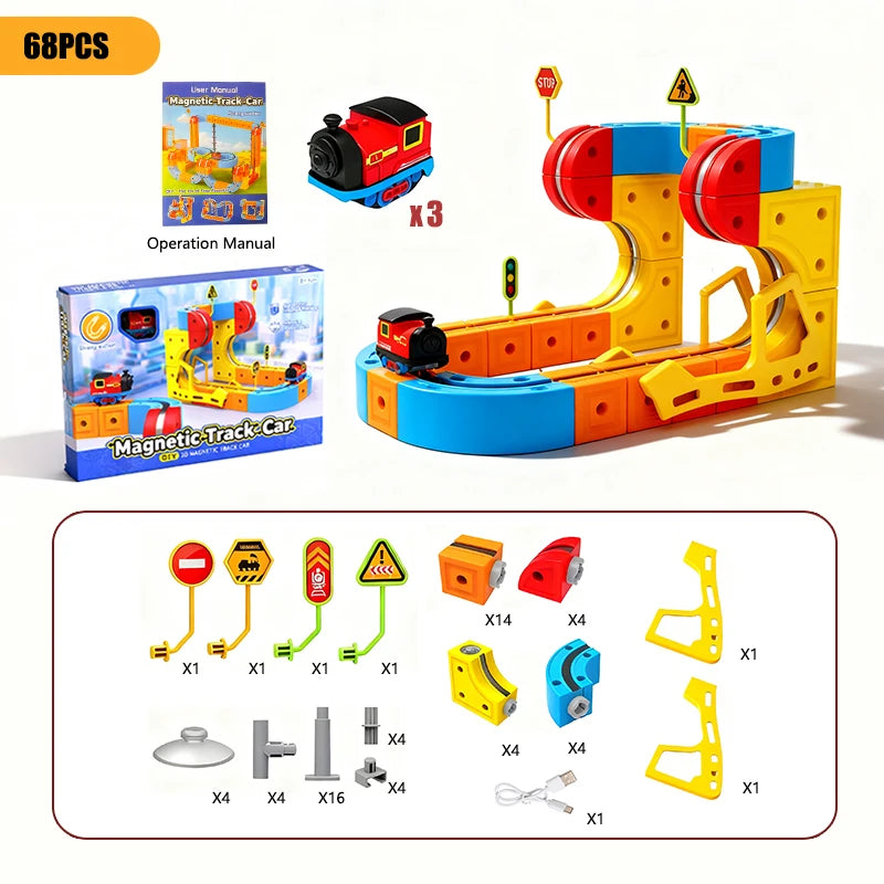Magnetisches Elektrisches Eisenbahnset Magische Schienenbahn DIY Würfelspielzeug Kreatives Lernmodell Eisenbahnautos Spielzeug Geschenke für Kinder Jungen ab 3 Jahren