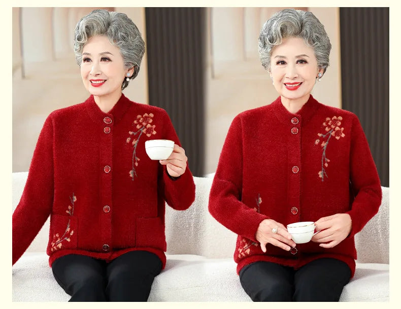 Oma Dicke Warme Nerz Samt Pullover Top Winter Mittleren Alters Mutter Draußen Tragen Strickjacke Jacke Vintage Frauen Gestrickte Mantel
