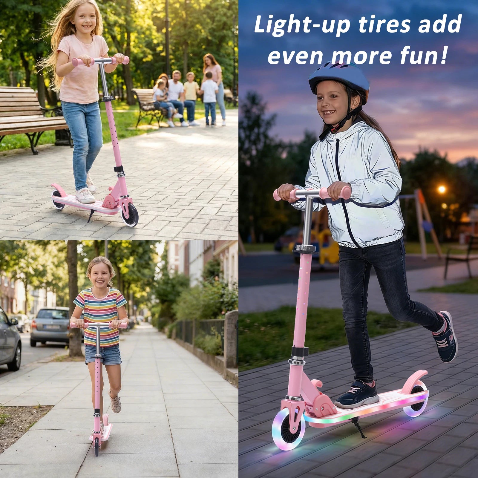 Kinderroller mit Ein-Klick-Faltmechanismus, 4-fach verstellbarer Lenker 75-90cm, Hinterradbremse, bunte Leuchträder & Pedale, 4,34-Zoll-Reifen