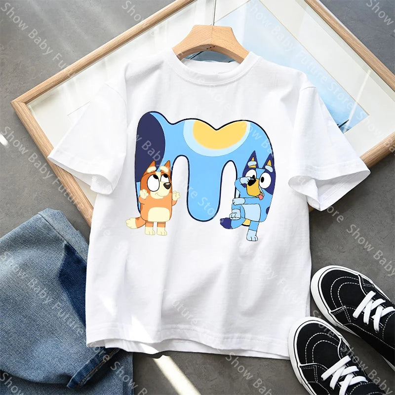 Blueys T-Shirt für Jungen und Mädchen, Cartoon-Buchstaben A-Z, Namenskleidung, Oberteile, Sommer, atmungsaktiv, niedliches Anime-Kurzarmshirt, neue Geburtstagsgeschenke