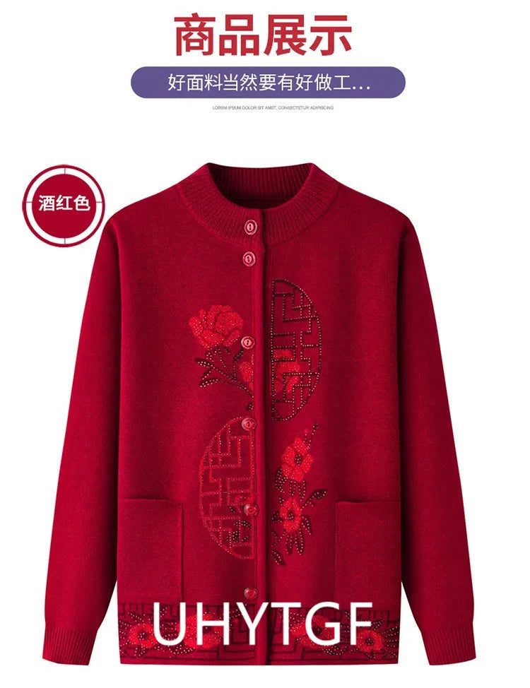 2025 Oma Pullover Frauen Frühling Herbst Pullover Mantel Mutter Strickjacke Für Frau Samt Strickwaren Weibliche Kleidung 5XL 2898