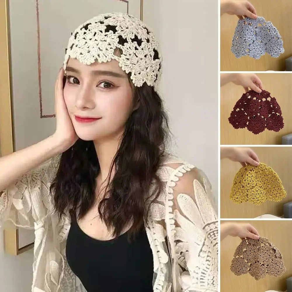 Atmungsaktive ausgehöhlte Strickmütze, Blumen, Spitze, Baskenmütze, modisch, lässig, Skullies-Mütze für Damen