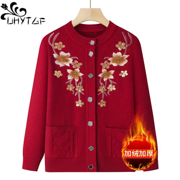 Herbst Winter warme Pullover Jacke Damen Print mittleren Alters Mutter Strickjacke Oma plus Samt Strickjacke Mantel weiblich 2915