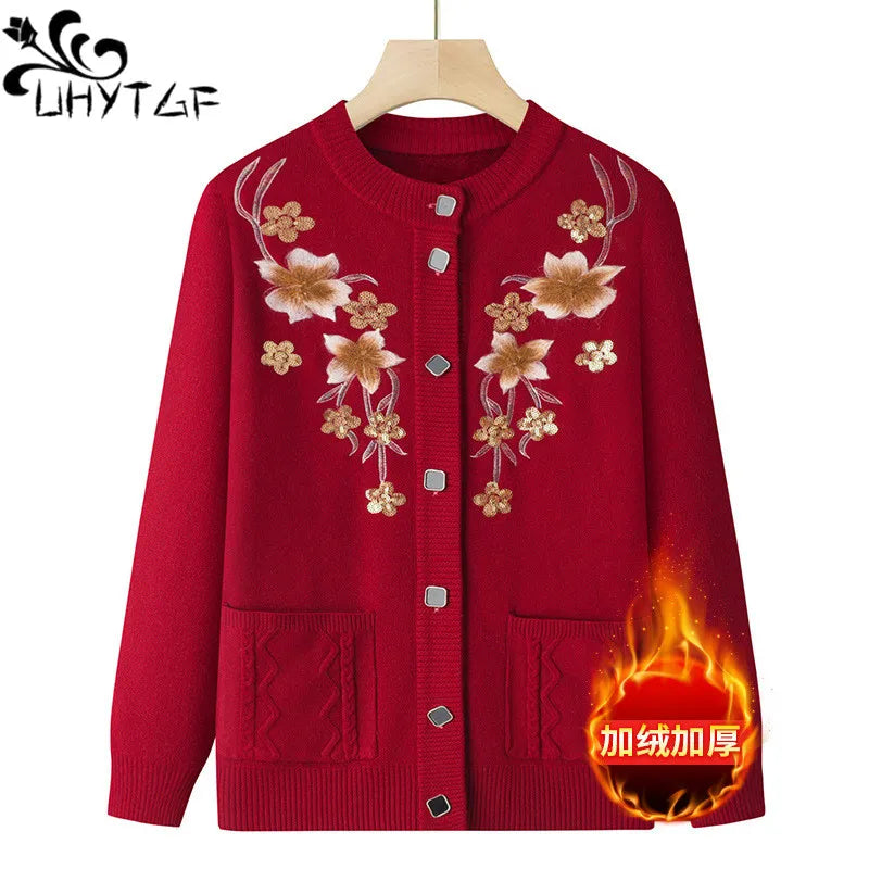 Herbst Winter warme Pullover Jacke Damen Print mittleren Alters Mutter Strickjacke Oma plus Samt Strickjacke Mantel weiblich 2915