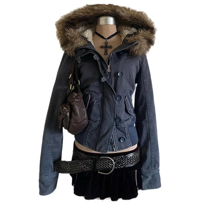 Braune Damen Slim Fit Vintage Pelzkragen Jacke Reißverschluss Kpop Y2K High Street Chic Oberbekleidung für Frauen Teenager, Herbst Winter Geschenk