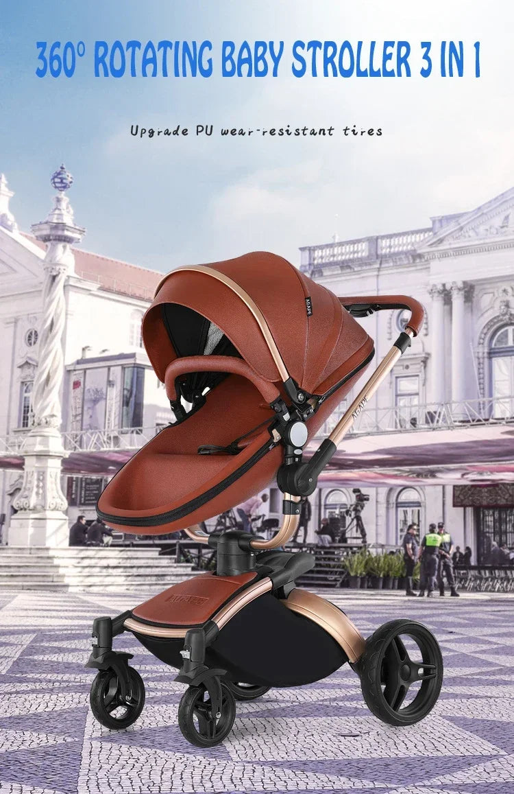 Kinderwagen 3in1 mit abnehmbarem Korb im Autositz. Hochformatige Eierschale aus PU-Leder, Babywagen, Luxuswagen für Babyautos