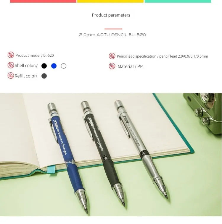 Druckbleistift-Set 2,0 mm mit 2B-Schwarz/Farben-Minenminen zum Schreiben, Skizzieren, Kunst, Zeichnen, Malen, Schule, automatischer Bleistift