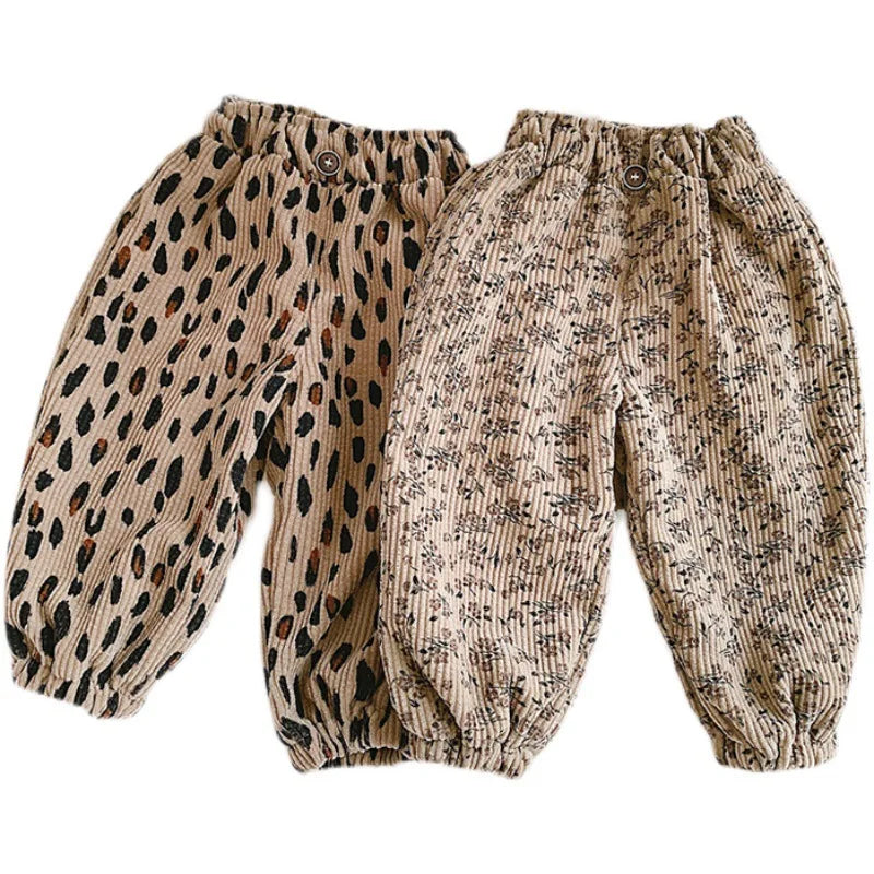 Koreanischer Stil Kleinkind Mädchen Cord Haremshose 1-8Y Leoparden-Blumendruck Herbst Winter gefütterte oder dünne Freizeithose
