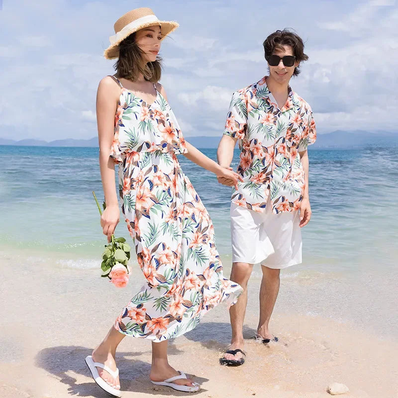 Family Look Vacation Beachwear Mother Daughter Sleeveless Dress Dad Son Matching Floral Shirt Set Parent-Child Holiday Outfits