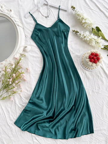 Elegantes Damen-Nachthemd, sexy, bequem, langes Slip-Kleid, einfarbiger Pyjama für Damen