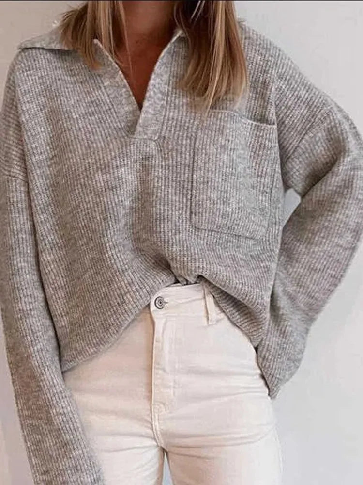 Neue Herbst Modus 2025 Pull Femme Einfarbig Tasche Stricken Lose Revers Büro Pendler Pullover Pullover Trikots Mujer Talla Grande