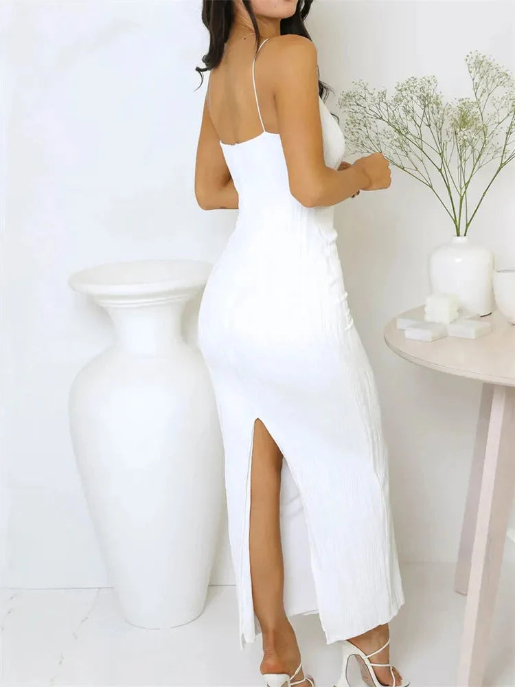 Sexy Frauen Langes Kleid Geraffte Ärmel Schlank Solide Sommer Party Zurück Split Kleid Clubwear Weibliche Vestido Outfits