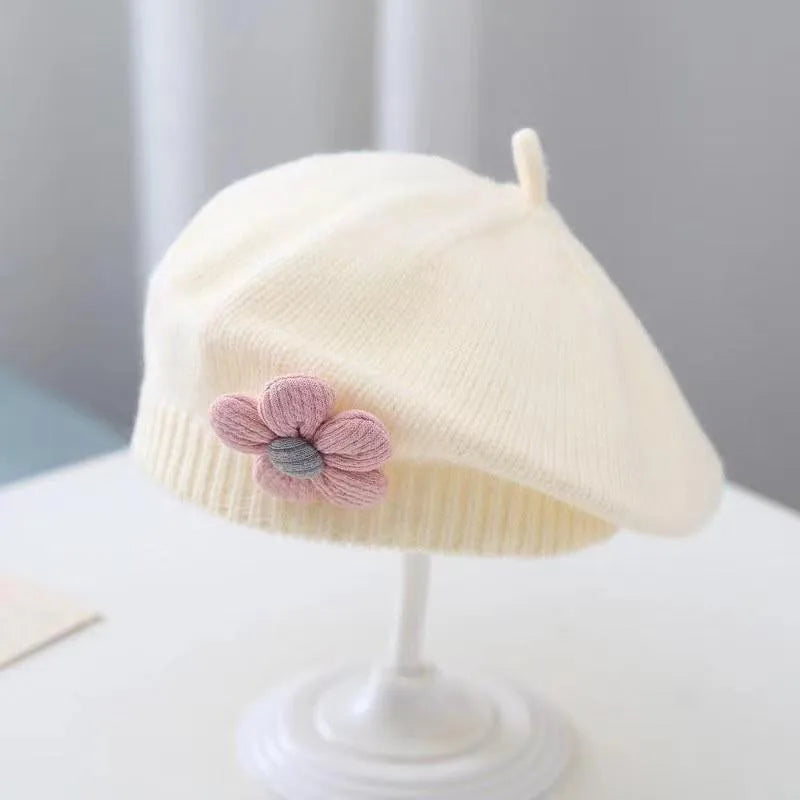 Blume Baby Baskenmütze Hut Winter Warme Gestrickte Beanie Cap für Kleinkind Mädchen Koreanische Kleinkind Prinzessin Künstler Einfarbig Maler Kappen