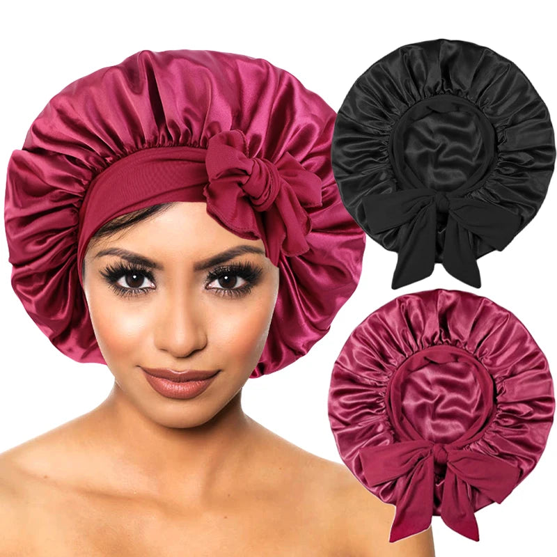 Neue Satin Schlafmütze Für Frauen Feste Breite Band Stretch Kopf Krawatte Seidige Motorhaube Rand Wrap Schlummertrunk Haarpflege Dusche Kopf Abdeckung