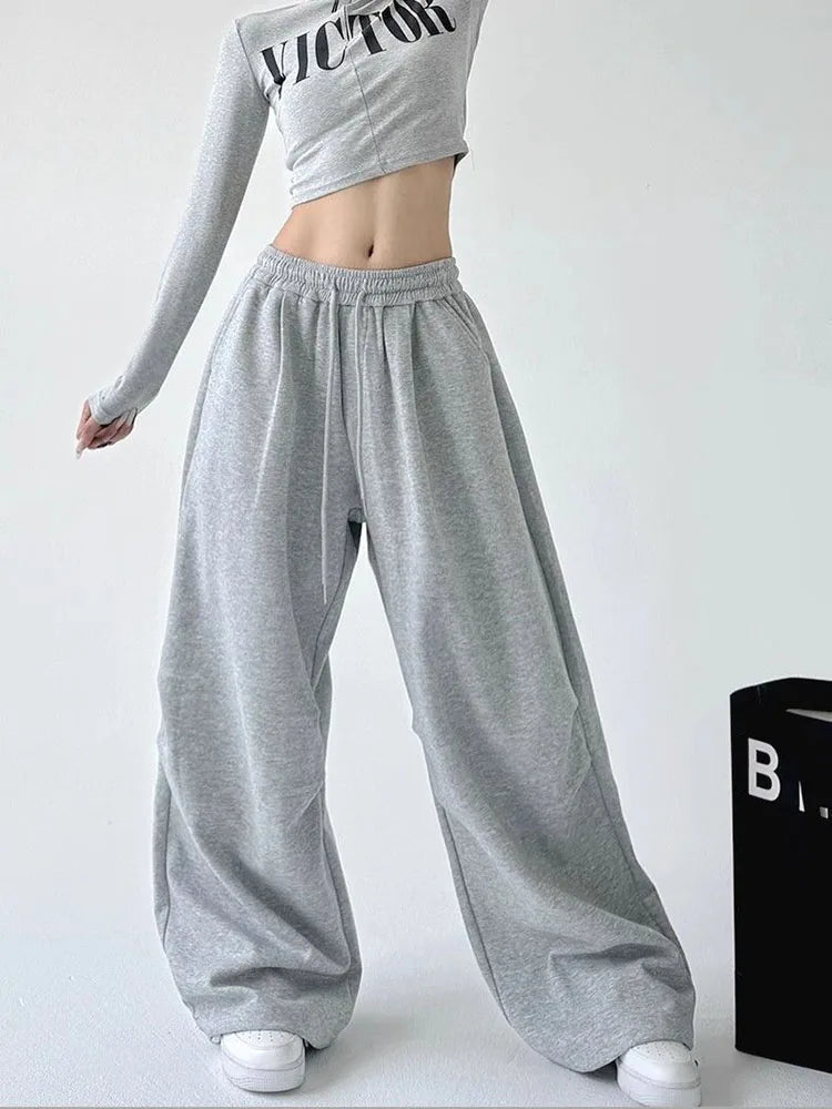 Y2K Harajuku Breite Bein Jogginghose Frauen Streetwear Baggy Oversize Grau Sport Hosen Hohe Taille Kordelzug Casual Jogger Hosen