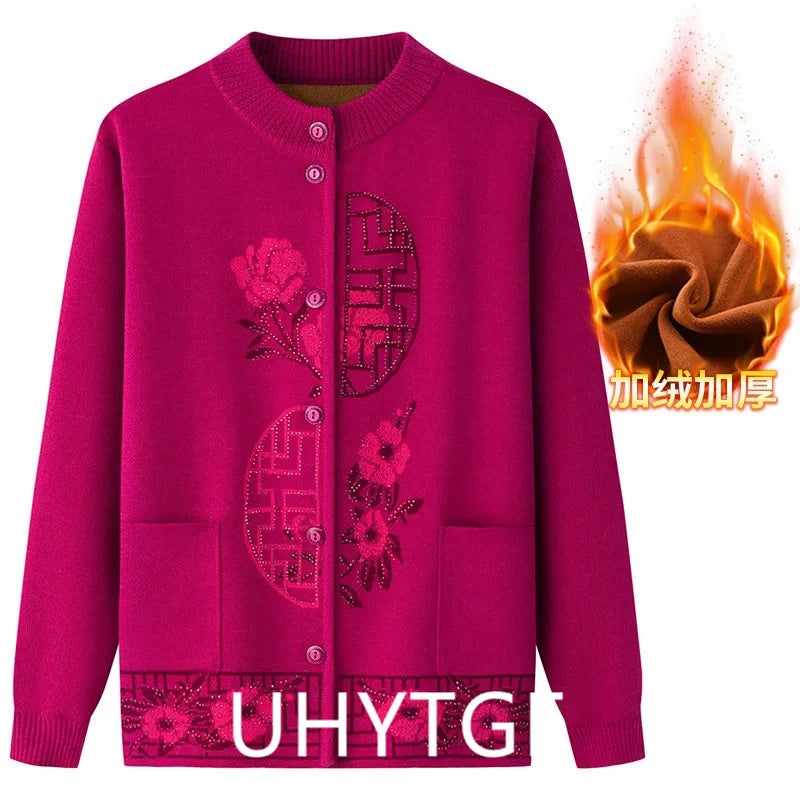 2025 Oma Pullover Frauen Frühling Herbst Pullover Mantel Mutter Strickjacke Für Frau Samt Strickwaren Weibliche Kleidung 5XL 2898