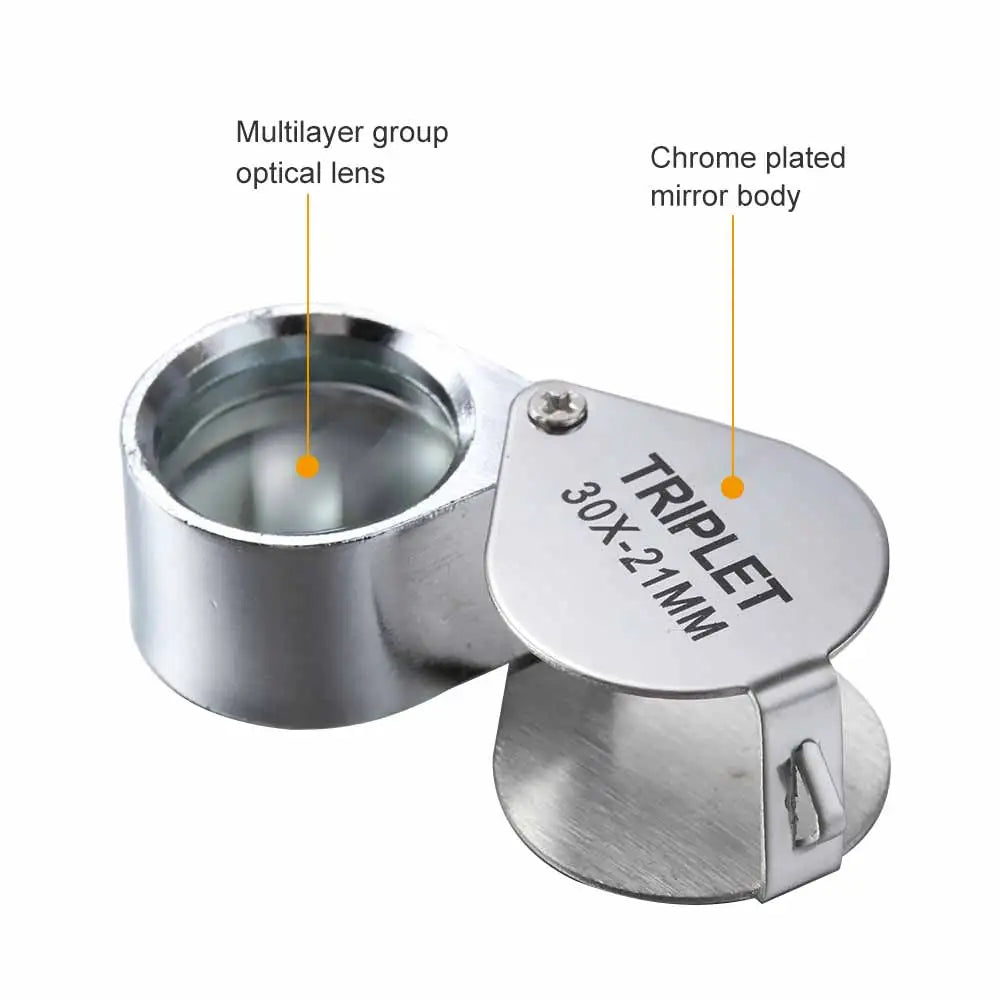 10-30x Pocket Magnifier Magnifying Glass Jewelry Loupe Foldable Diamond Lupa Triplet Jewelers Eye Glass Tool Reading Magnifier