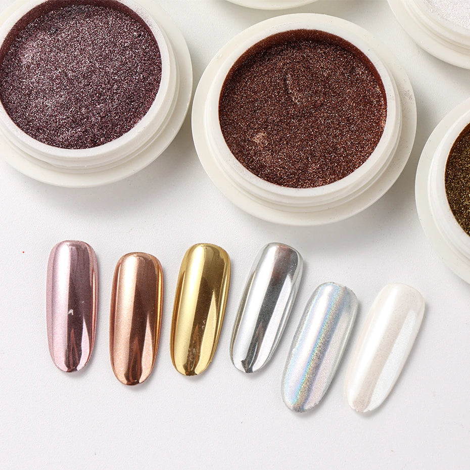 6 Stück Chrom-Spiegel Weißes Nagelpulver Pigment Gold Silber Reibpulver Holographisches Aurora Schillerndes Metallisches Nagelkunst-Dekorationspulver