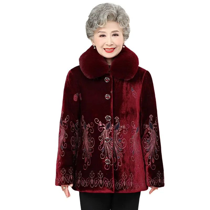 Winter-Damenjacke mit Baumwollpolsterung, 50 bis 80 Jahre alt, Oma-Mantel, dicker Samt, warm, mittleres Alter, Mutterpositionierung, Blumenparka