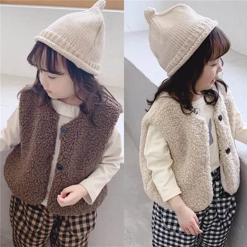 Herbst Winter Baby Lamm Wolle Plus Samt Weste Mädchen Jungen Plüsch Weste Einreiher V-ausschnitt Kind Warme Mode Warme Mantel