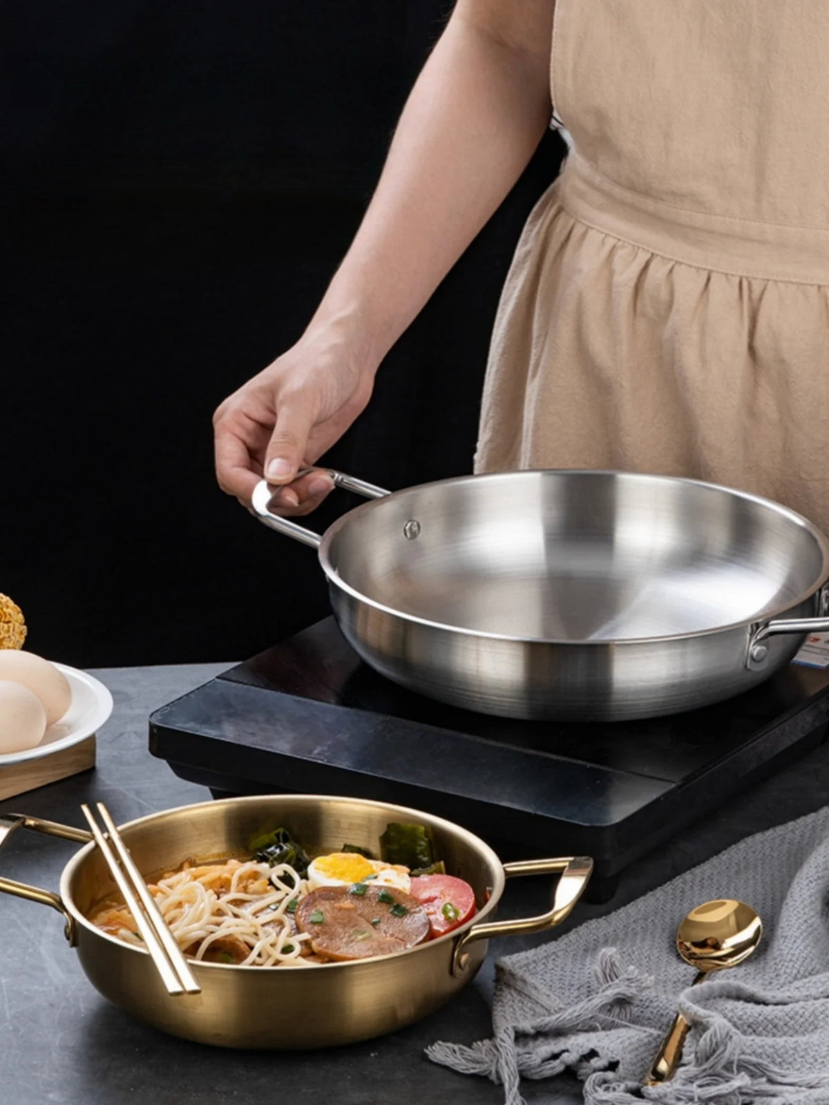 Edelstahl-Kochgeschirr, Topf, trockene Töpfe mit Griff, zum Kochen zu Hause, Paella-Pfanne, Meeresfrüchte, Reistopf, Picknick-Snack-Teller
