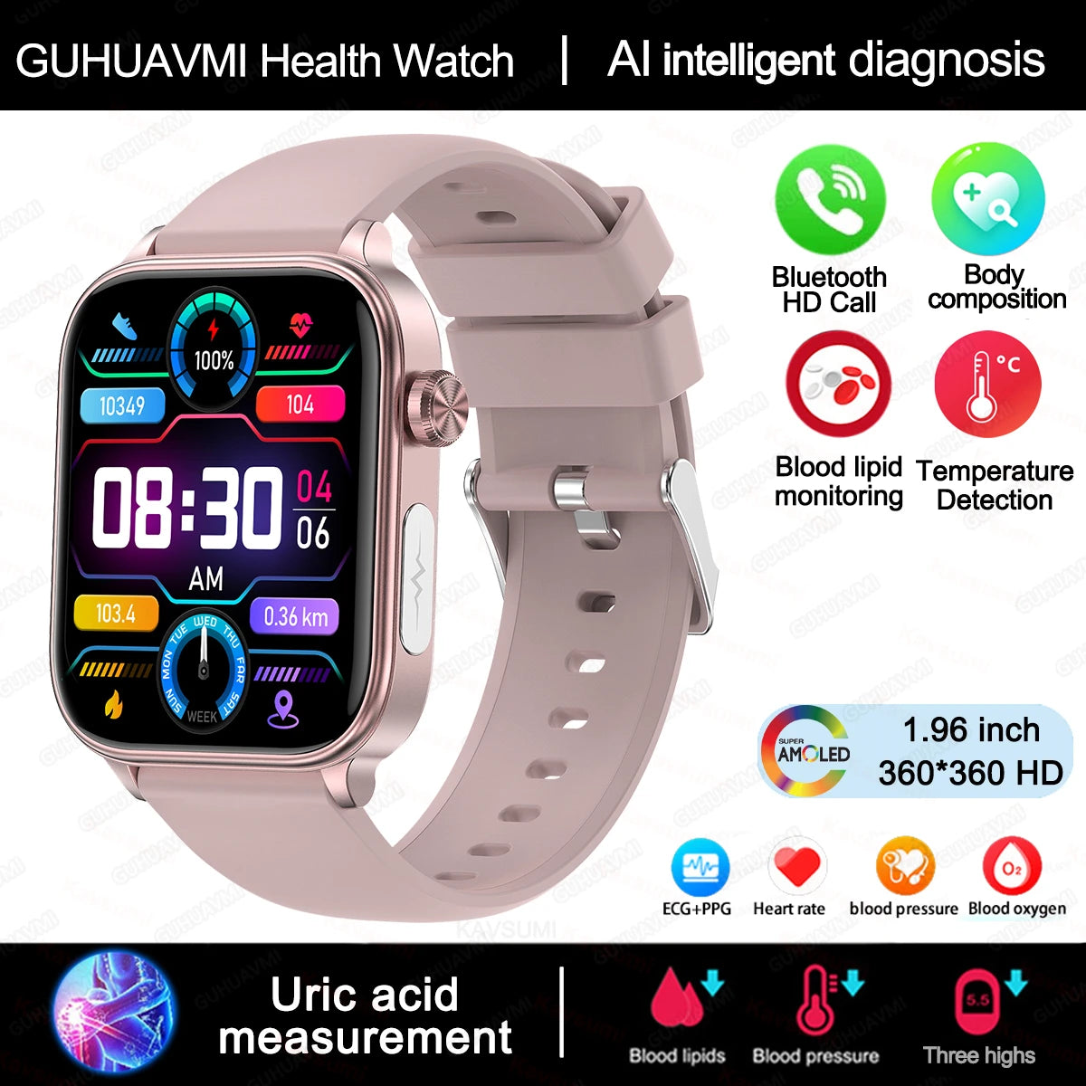 AI-Diagnosedetektor, Smartwatch für Damen, Blutfette und Harnsäure, Körpersammensetzungstest, Damen-Menstruationsgesundheits-Tracker, 2025, Neu