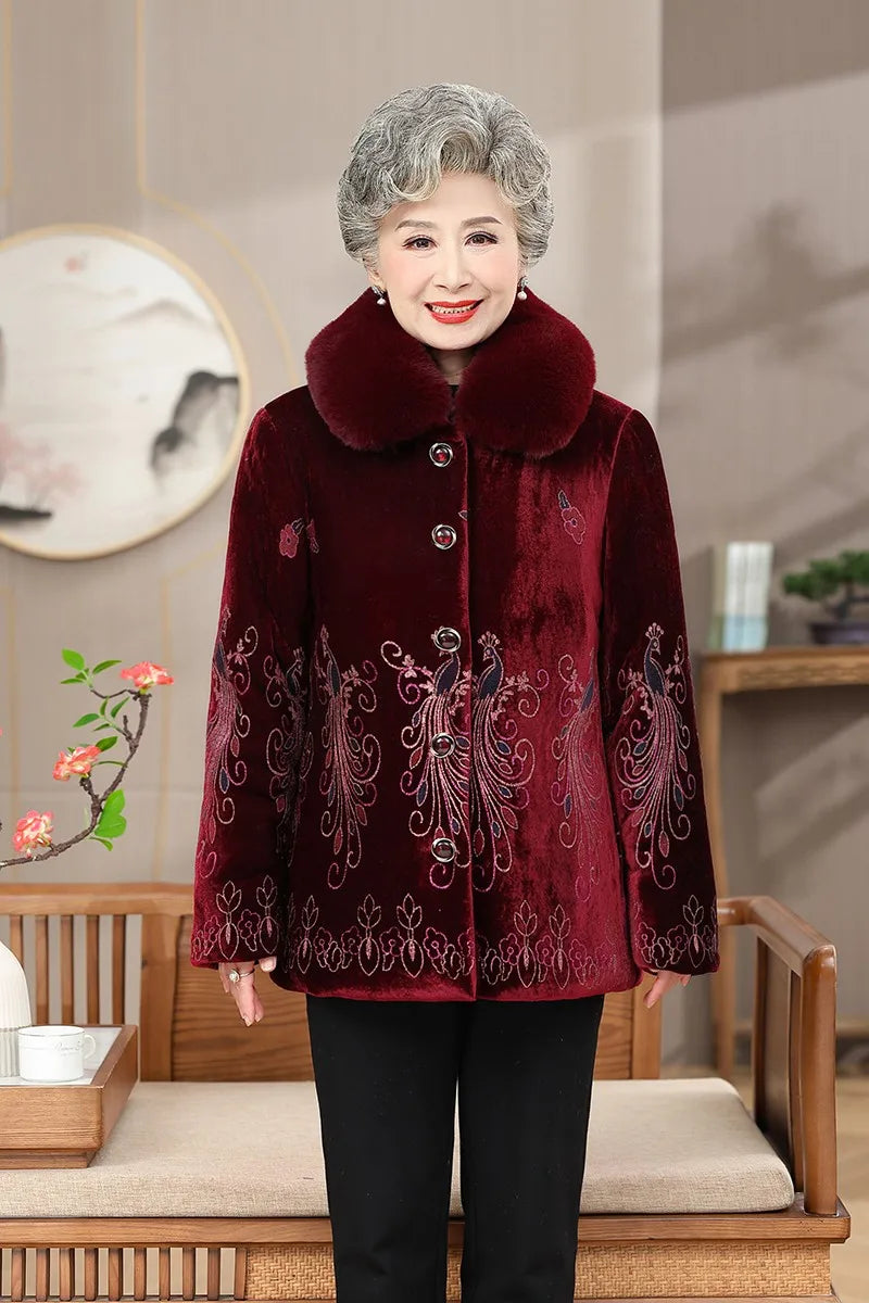 Winter-Damenjacke mit Baumwollpolsterung, 50 bis 80 Jahre alt, Oma-Mantel, dicker Samt, warm, mittleres Alter, Mutterpositionierung, Blumenparka