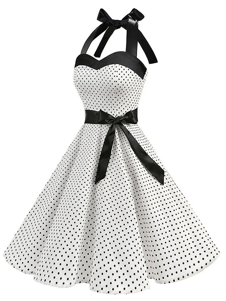 Frauen Polka Dot Print Sommer Kleid Sexy Retro Weiß Halter Vintage Kleid Robe Femme Pin Up Rockabilly Party Kleid