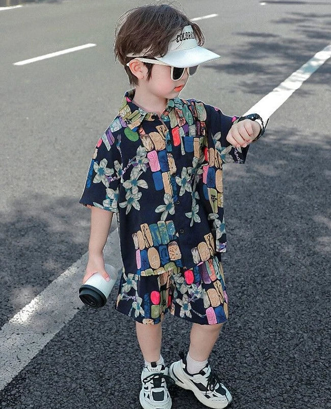 Bedrucktes Hemd, koreanische Kleidung, Kinder-Oberteil, Kinder ab 8–12 Jahren, Sommeranzug für Jungen, Kinder, Jungen, Kleidungsset, 4-altes Kostüm 7