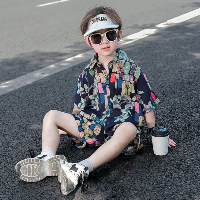Bedrucktes Hemd, koreanische Kleidung, Kinder-Oberteil, Kinder ab 8–12 Jahren, Sommeranzug für Jungen, Kinder, Jungen, Kleidungsset, 4-altes Kostüm 7