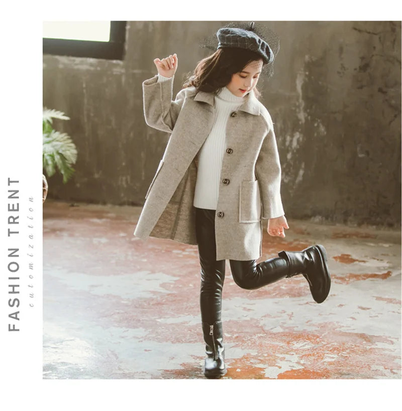 Winter Kinder Tweed Mäntel Herbst Mädchen Warme England Stil Mid-Länge Jacken Teen Mode Oberbekleidung Kind 5-12 Jahre alt