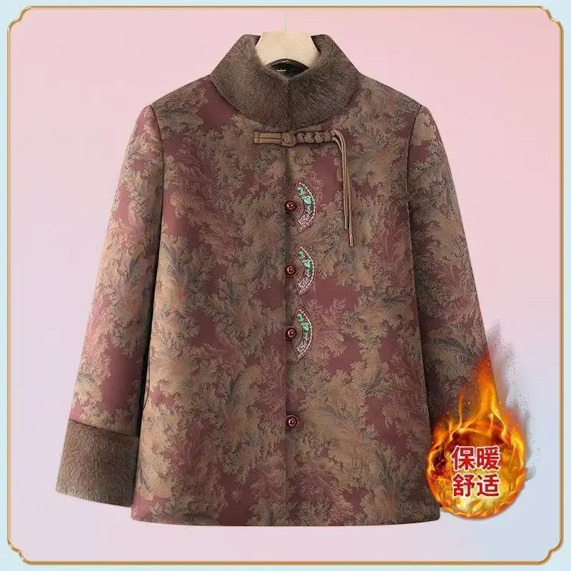 Damenmantel im chinesischen Stil mit Blumenmuster, gefüttert mit Fleece, aus Baumwolle, dicker Wintermantel, Tang-Anzugjacke für ältere Damen, Mütter und Großmütter.
