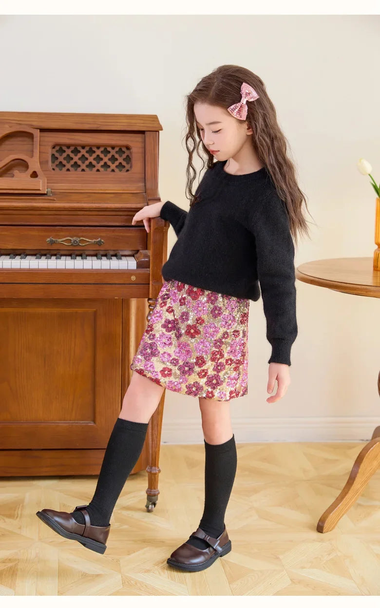 Mädchen Paillettenrock Blumenmode A-Linie Kurzer Rock für Kinder bestickt Elegante Prinzessin Herbst Winter Teen Kinder Kostüme