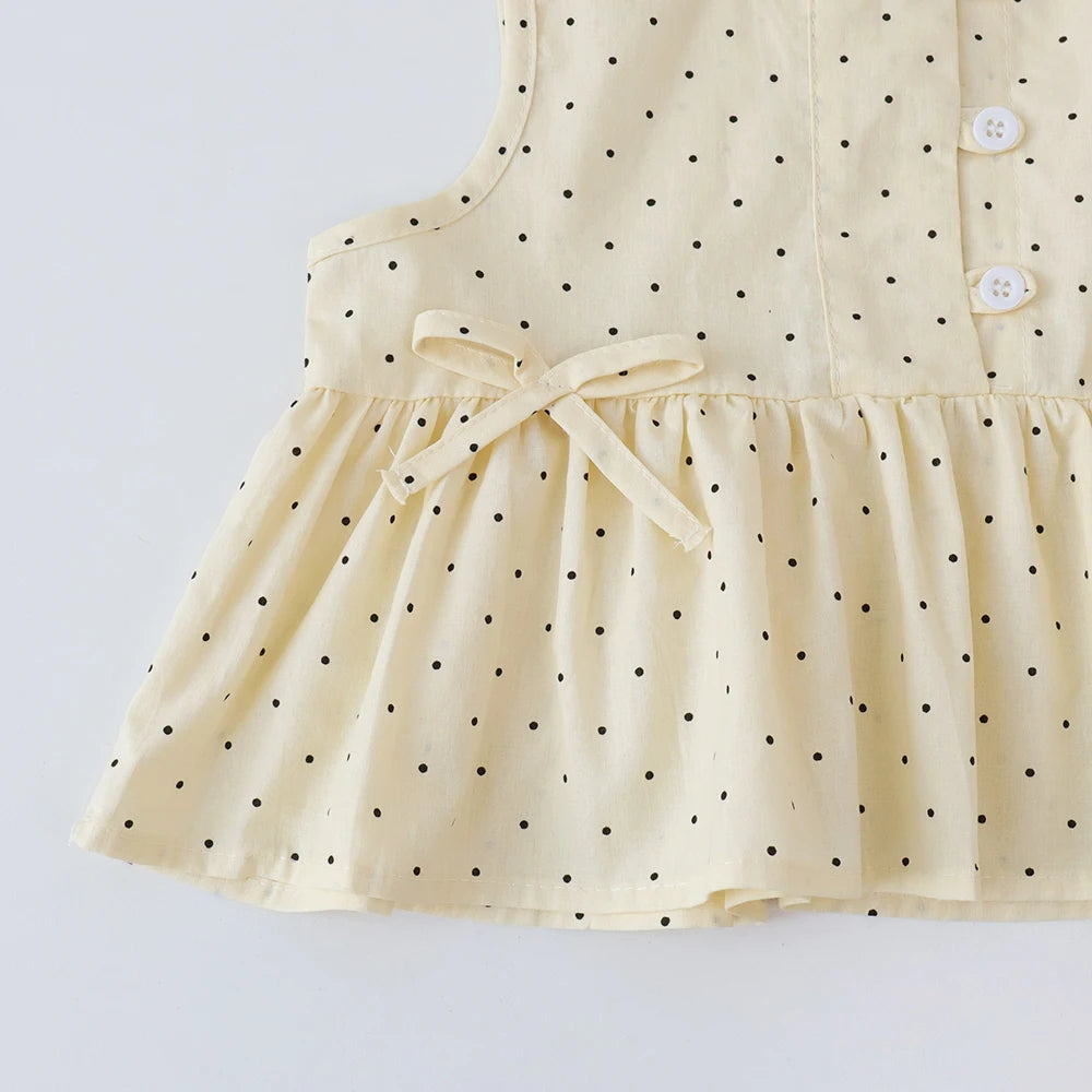 Bear Leader Baby-Mädchen-Freizeitkleidung, Rundhalsausschnitt, ärmelloses Polka-Dot-Oberteil + Hose mit weitem Bein, 2-teiliges Set mit Schleife und Knopf