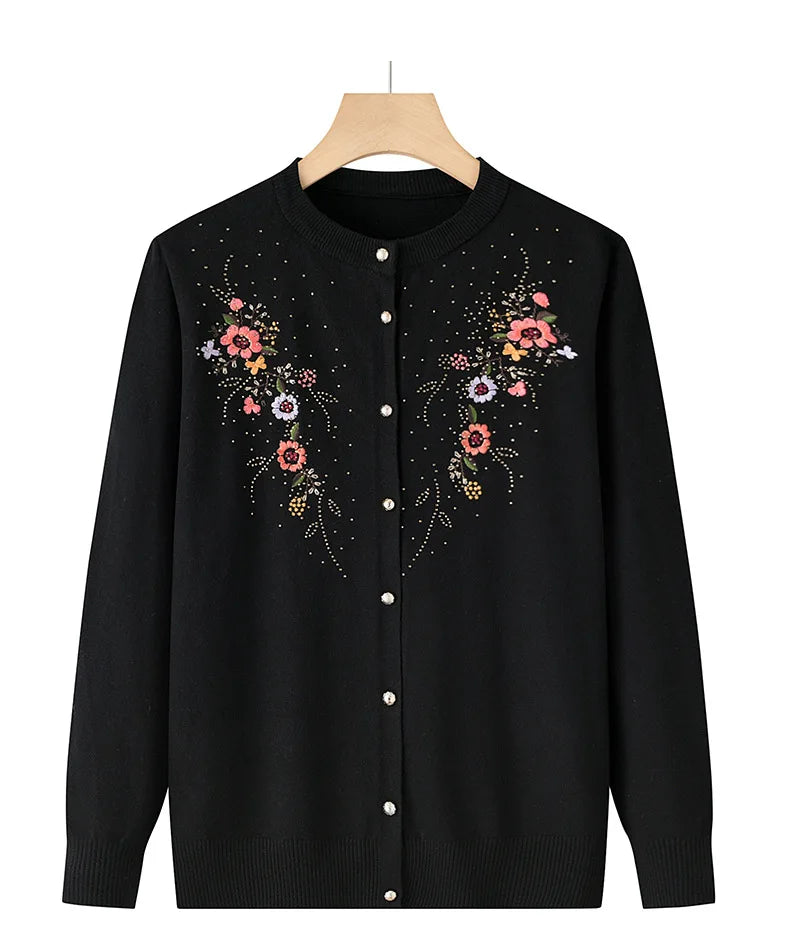 Mittleren Alters und ältere Frauen Stickerei Strickjacke Jacke einreiher schlanke Pullover Mantel dünne Frühling Oma Kleidung