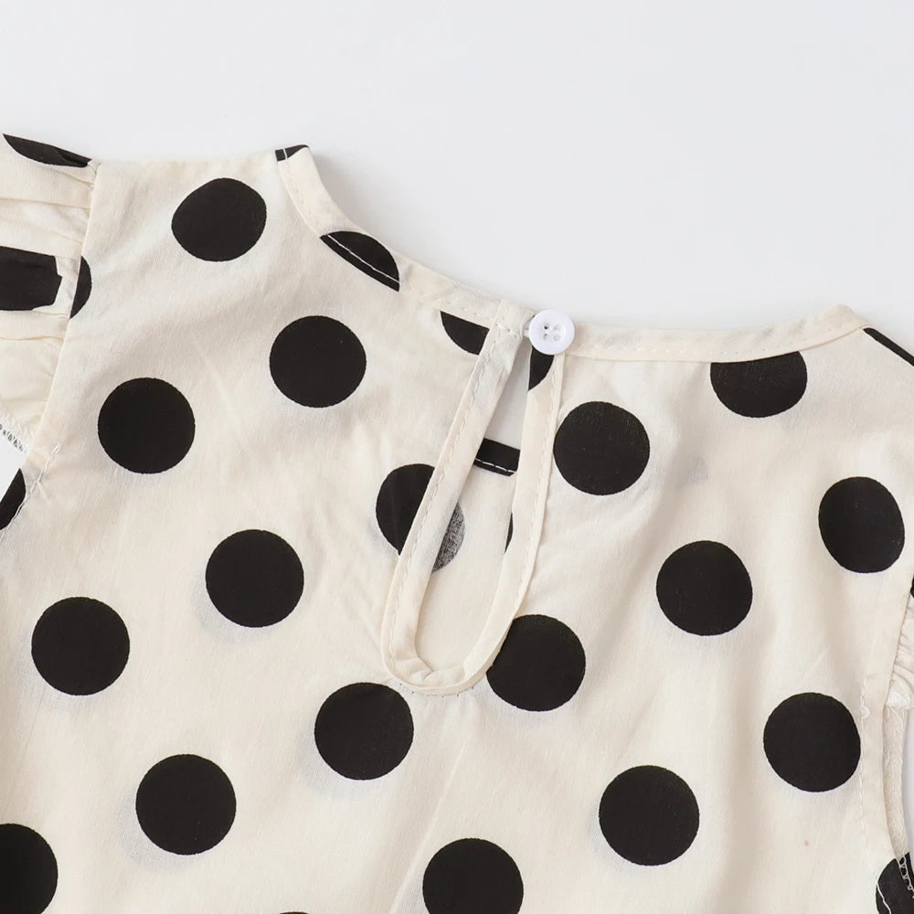 Bear Leader Baby-Mädchen-Freizeitkleidung, Rundhalsausschnitt, ärmelloses Polka-Dot-Oberteil + Hose mit weitem Bein, 2-teiliges Set mit Schleife und Knopf