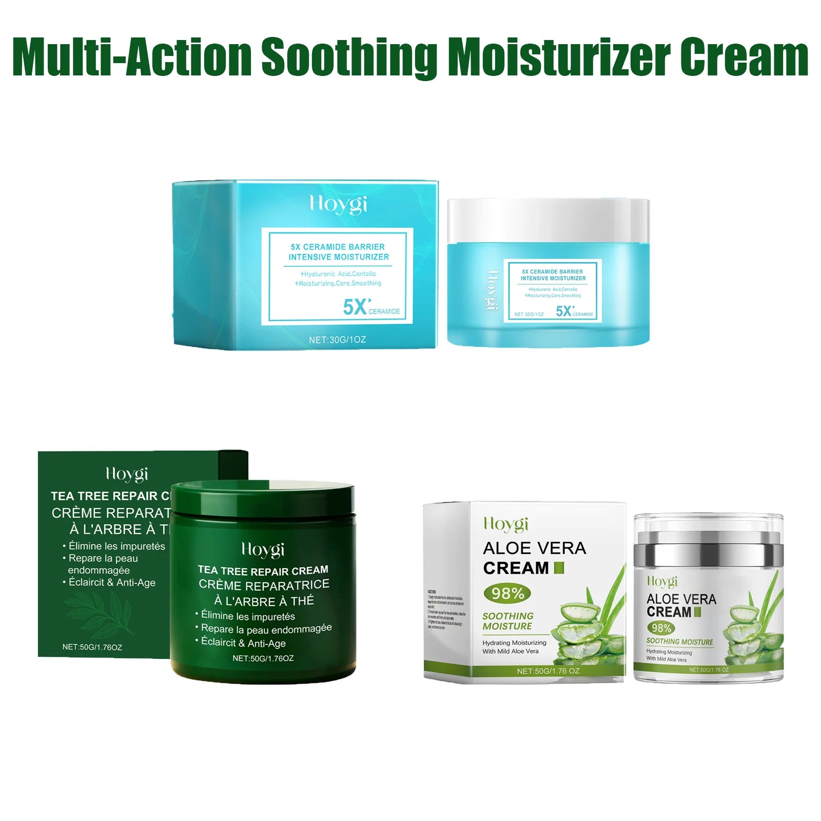 Multi-Action beruhigende Reparaturcreme für das Gesicht, Teebaumcreme, Centella Ceramide Aloe Vera Feuchtigkeitscreme für empfindliche und fettige Haut