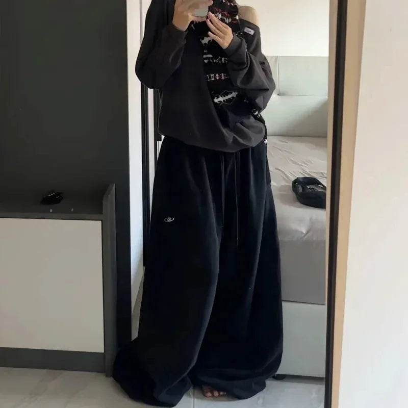 Amerikanischen Retro Hip-Hop Übergroßen Frau Schwarz Casual Jogginghose Koreanische Streetwear Lose Jogging Hosen Hohe Taille Breite Bein Hosen