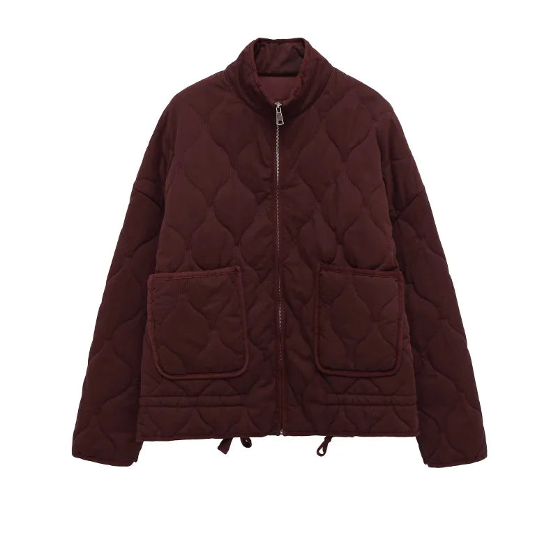 Damen Polyester Gefütterte Jacke 2026 Neuerscheinung Vintage Lenzing Rayon Hochkragen Große Tasche Dekorativer Gesteppter Mantel für Frauen