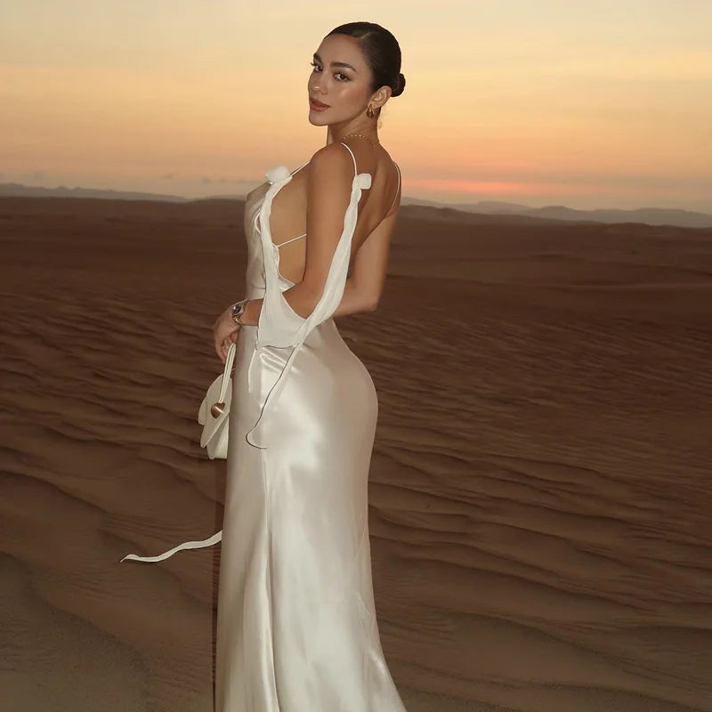 Elegantes 3D-Blumen-rückenfreies Kleid für Damen, figurbetont, Swing-Kragen, ärmellos, weiße Schlinge, Maxi-Robe, 2025, Sommer-Dame, Evevning, Vestidos