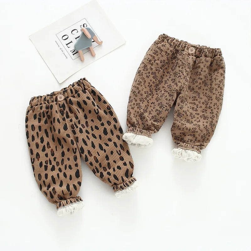 Koreanischer Stil Kleinkind Mädchen Cord Haremshose 1-8Y Leoparden-Blumendruck Herbst Winter gefütterte oder dünne Freizeithose