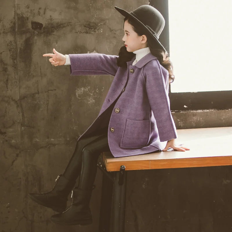 Mädchen Wolle warme Mäntel Kinder Herbst Winter lässige Oberbekleidung Kinder feste Farbe Mode Jacke Teen Turndown Kragen Kleidung