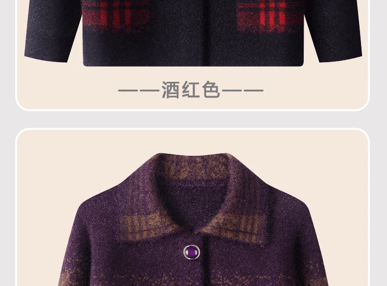 Strickjacke für Ältere Frauen mit Umlegekragen, Karomuster, Dick, Warm, mit Knöpfen, Wintermantel für Mütter und Großmütter
