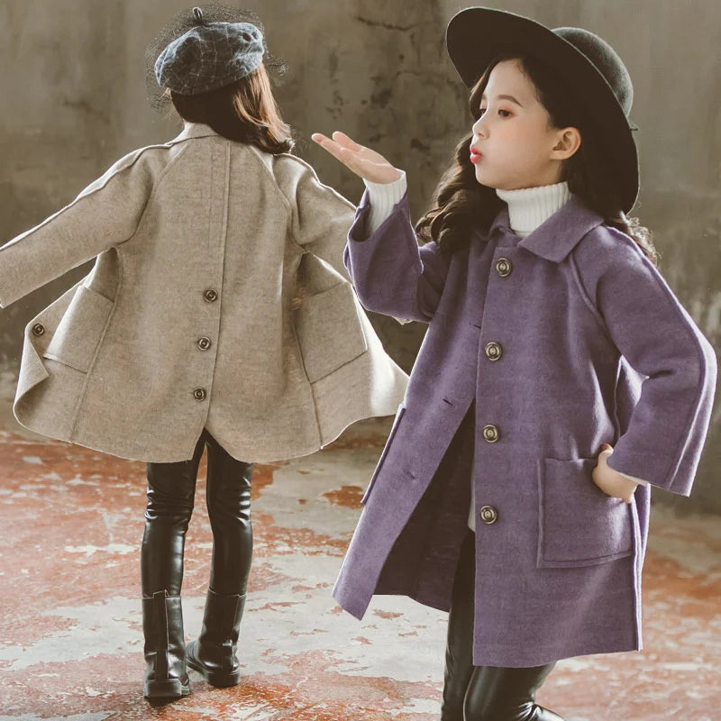 Mädchen Wolle warme Mäntel Kinder Herbst Winter lässige Oberbekleidung Kinder feste Farbe Mode Jacke Teen Turndown Kragen Kleidung