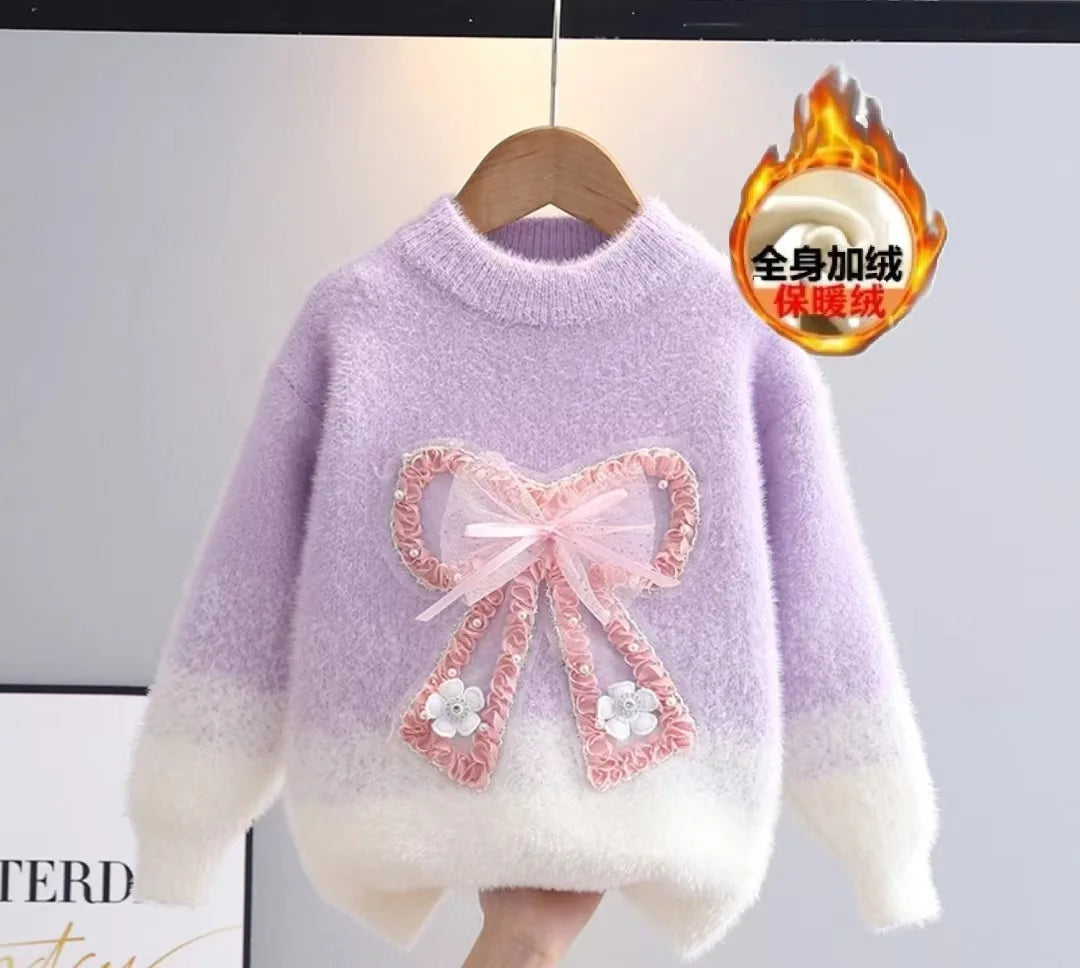 Herbst Winter Teenager Mädchen Pullover verdickt Kunst Nerz Pelz Kinder Strickpullover Junior Kinder 3D Fliege warme Basis Top Kleidung