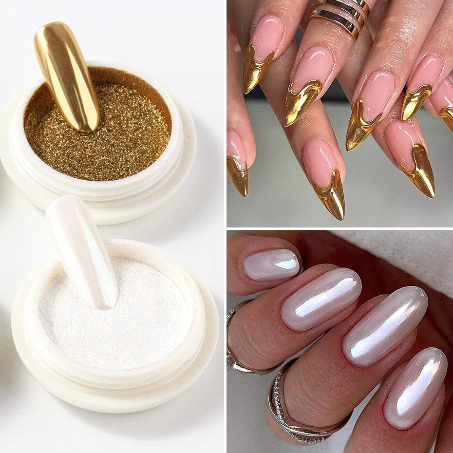 6 Stück Chrom-Spiegel Weißes Nagelpulver Pigment Gold Silber Reibpulver Holographisches Aurora Schillerndes Metallisches Nagelkunst-Dekorationspulver