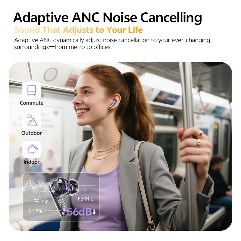 QCY MeloBuds N70 Adaptive ANC Wireless Earbuds Bluetooth 6.0 LDAC Hi-Res Audio 6 Mikrofone Wireless Charging Kopfhörer 50 Stunden IPX5