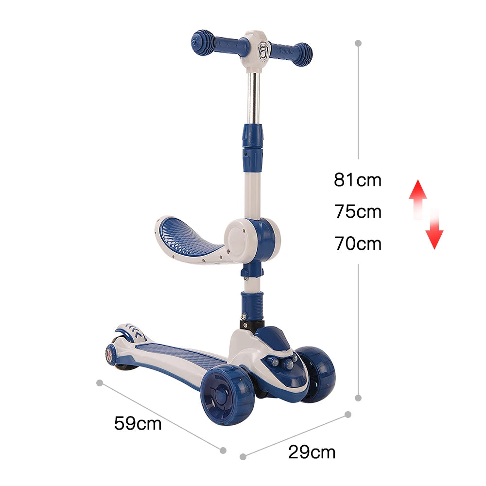 3-1 faltbarer 3-Rad-Rücksitz-Klapprad mit verstellbarem Sitz, LED-Lichträder, 3 Höhenverstellbar, maximale Belastung für Jungen und Mädchen ab 2 Jahren, Blau
