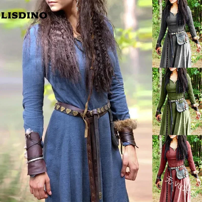 LisdinoMedieval Kleid Frauen Langarm Maxi Robe Vintage Fee Elfen Kleid Renaissance Keltische Viking Gothic Cosplay Kostüme