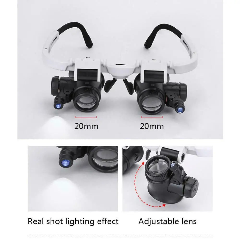 2XLED Uhr Juwelier Reparatur Lupe Kopf-Montiert Stirnband Einstellbare Vergrößerungs Kopf Brillen Lupe Objektiv 8X 15X 23X